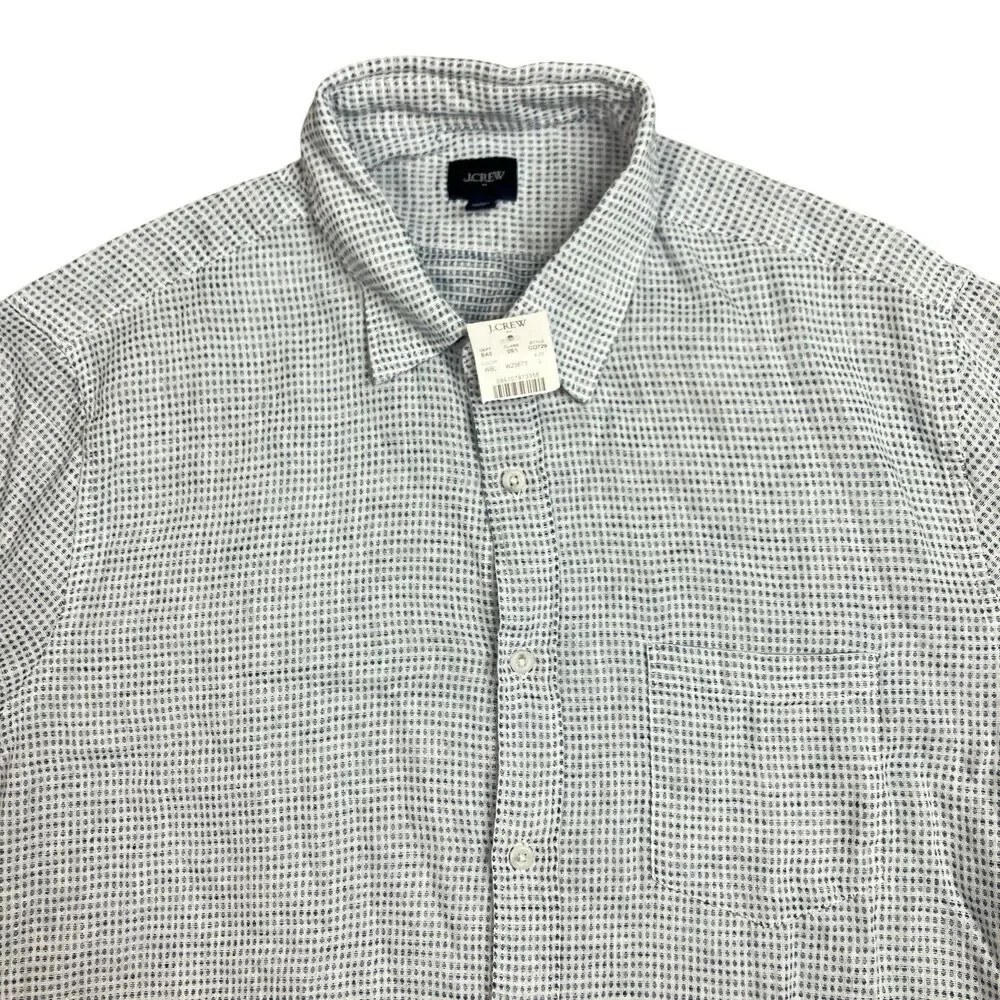 J Crew Button Up Shirt‎ Mens L Blue White Linen Cotton Dobby Short Sleeve CQ729